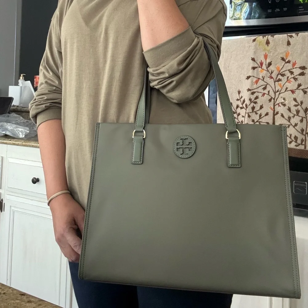 Tory Burch 160633 Ella Small Nylon Tote Handbag Palm Leaf Green